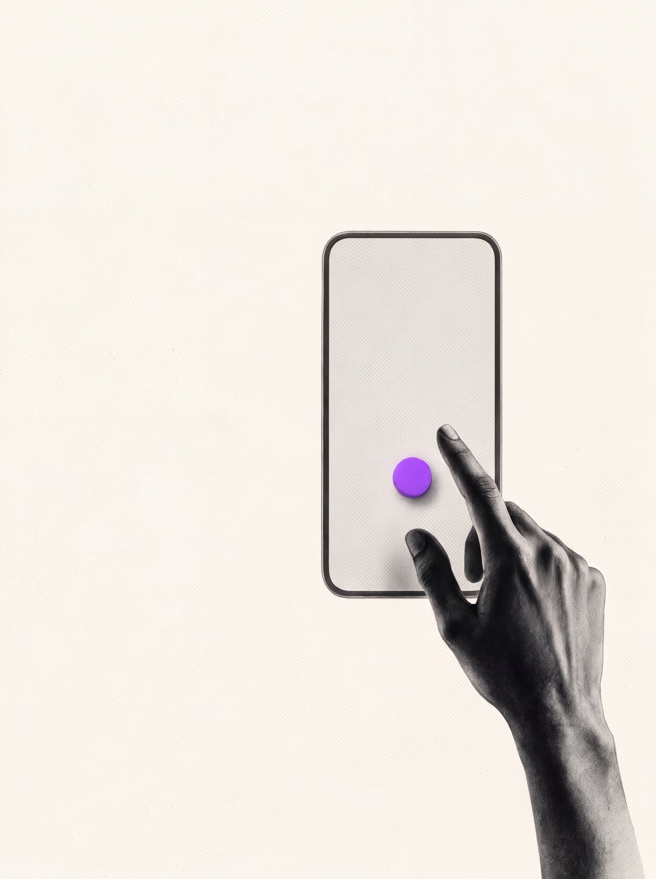 Outlined phone with a purple button, hand entering from the lower right