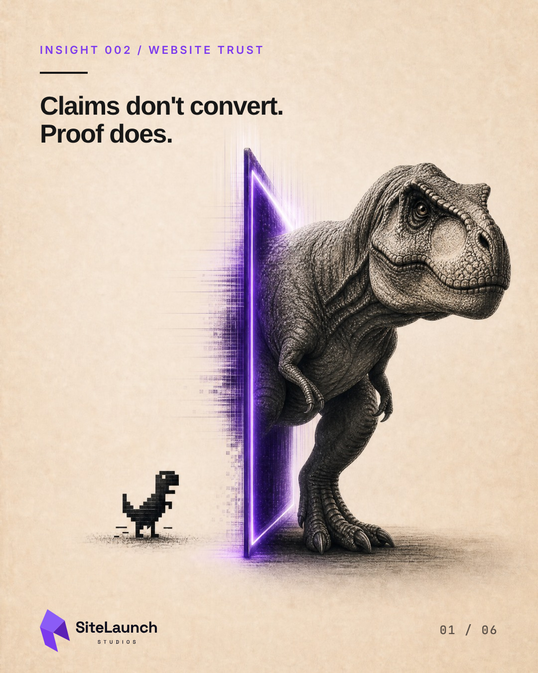 “Claims don't convert. Proof does.” A pixel-art dinosaur facing a large, detailed dinosaur stepping through a glowing purple portal.