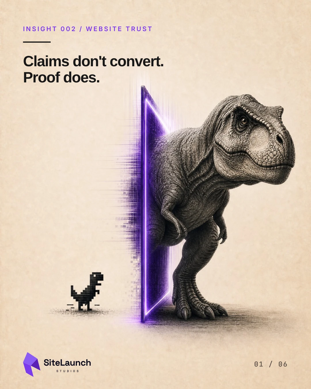 Insight 002 cover: a pixel dinosaur facing a photorealistic one through a violet doorway