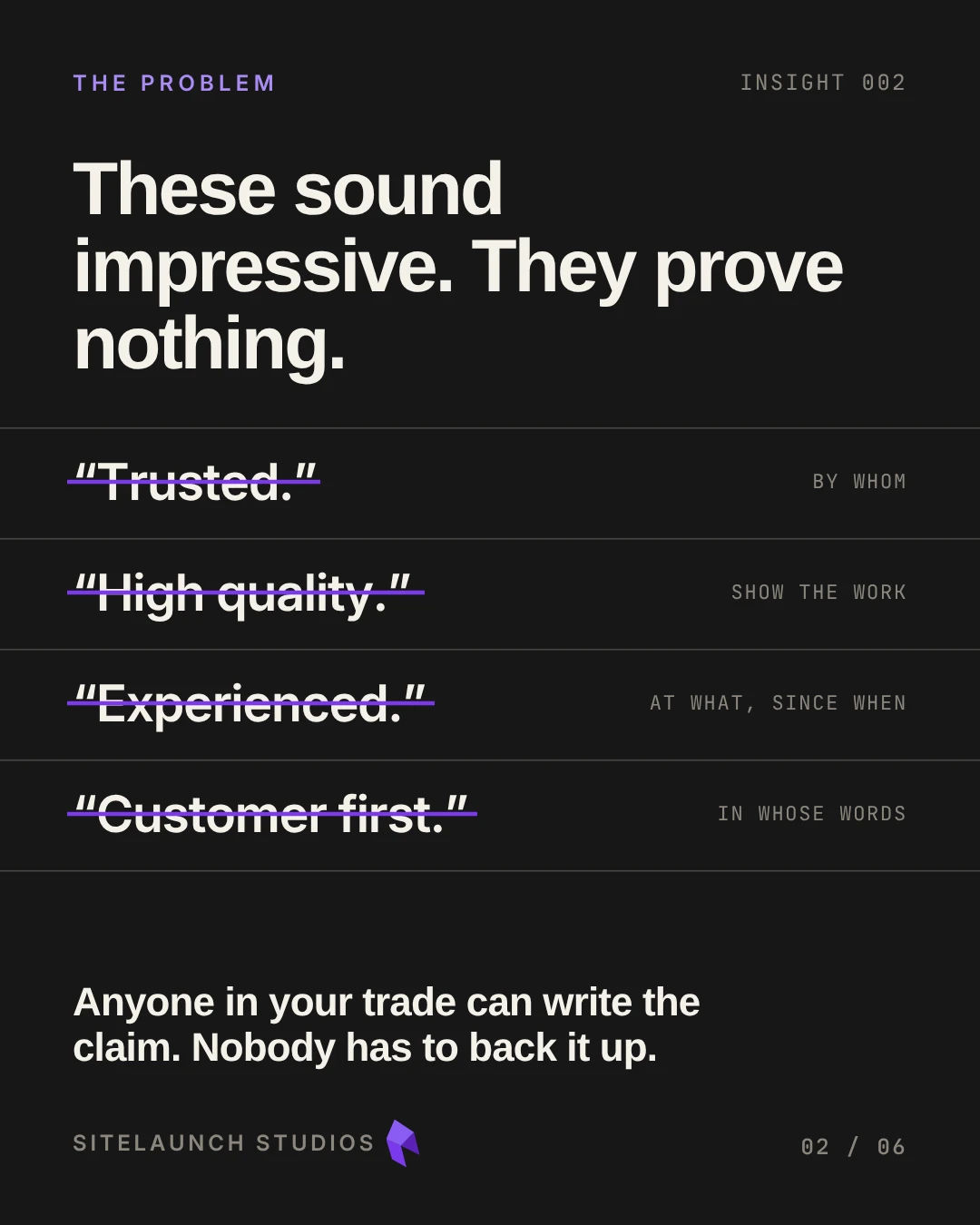 Four generic website claims struck through, each paired with the question it invites