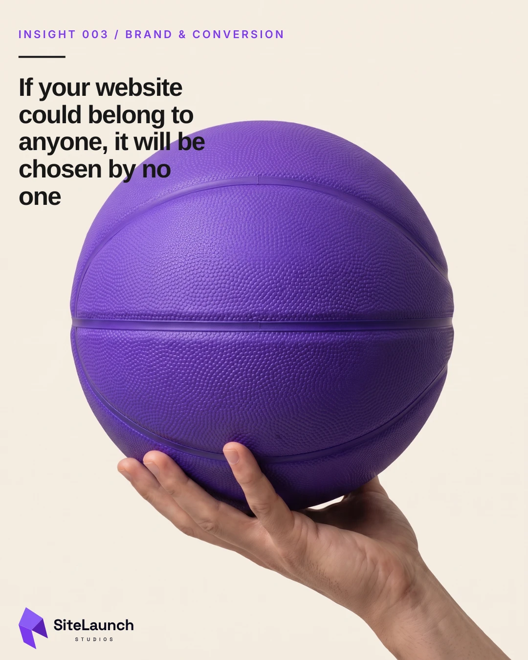 Insight 003 cover: a hand holding a plain violet basketball against an ivory background