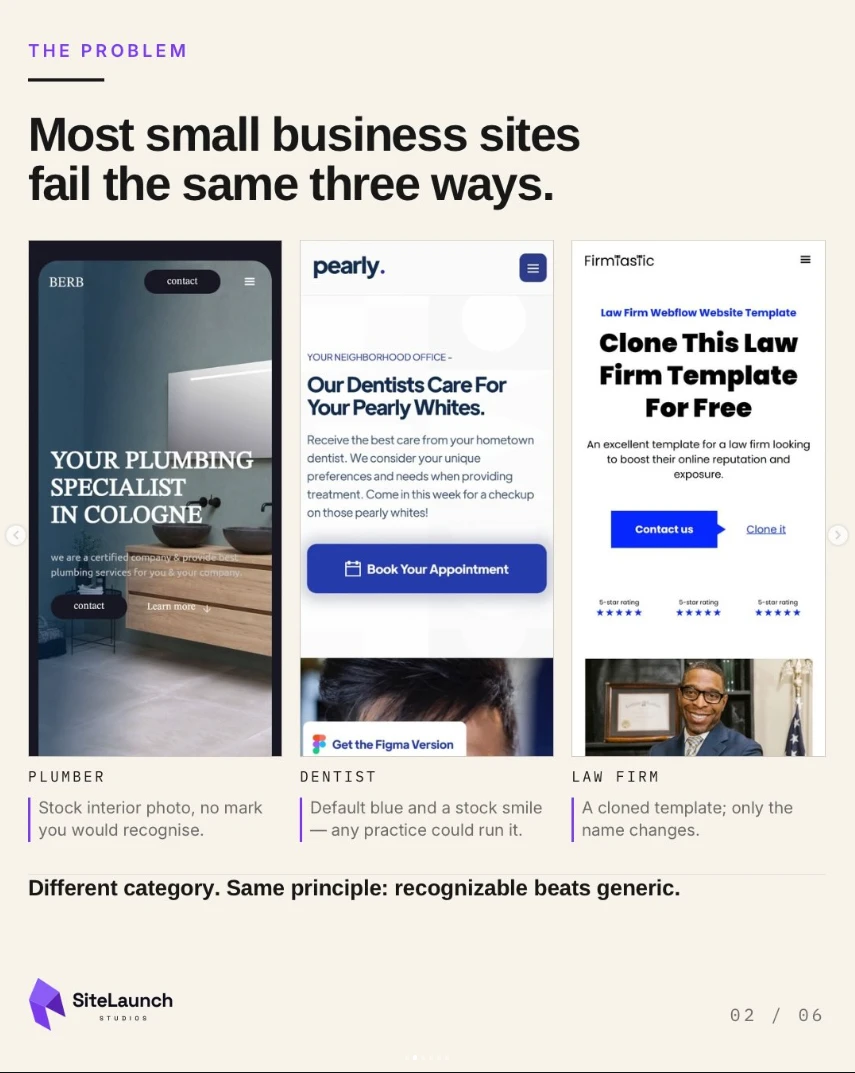 Three small business website screenshots: a plumber, a dentist and a law firm, each using generic imagery