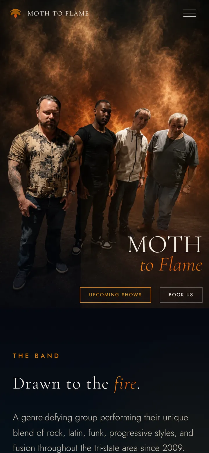 Moth to Flame homepage with band photo and Upcoming Shows and Book Us buttons