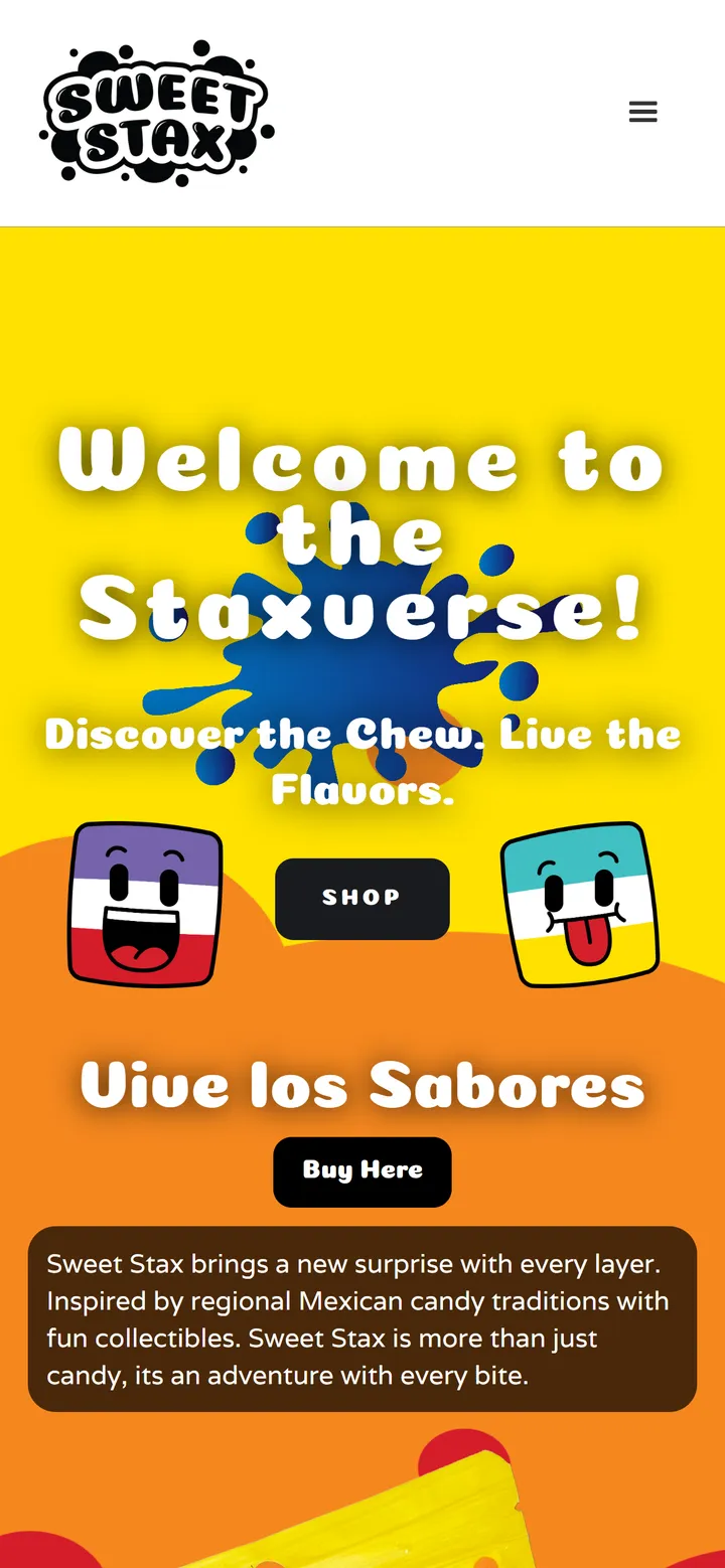 Sweet Stax Staxuerse homepage with brand mascots and Shop button