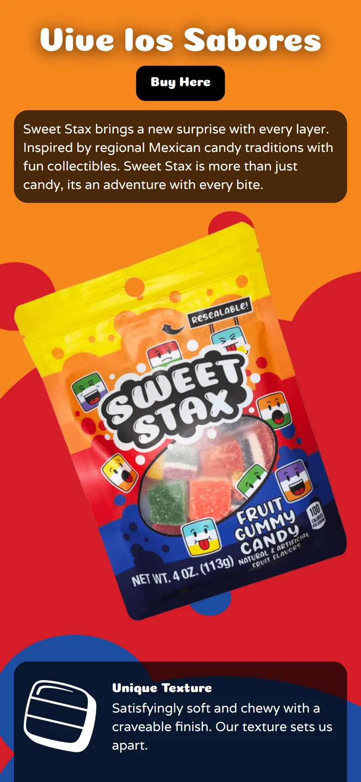 Sweet Stax product page showing a fruit gummy candy package